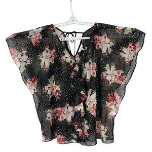 Candies Womens Large Flutter Sleeve Sheer Floral Blouse Black Pink Tie Back